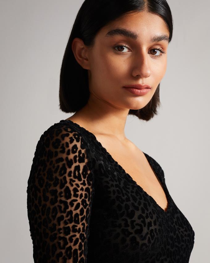 Body Ted Baker Mesh Leopard Print Noir Femme | QEB-77754811